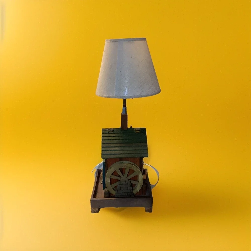 Vintage Handmade Wooden Mill Lamp w/ Shade - Works! Folk Art Primitive 20